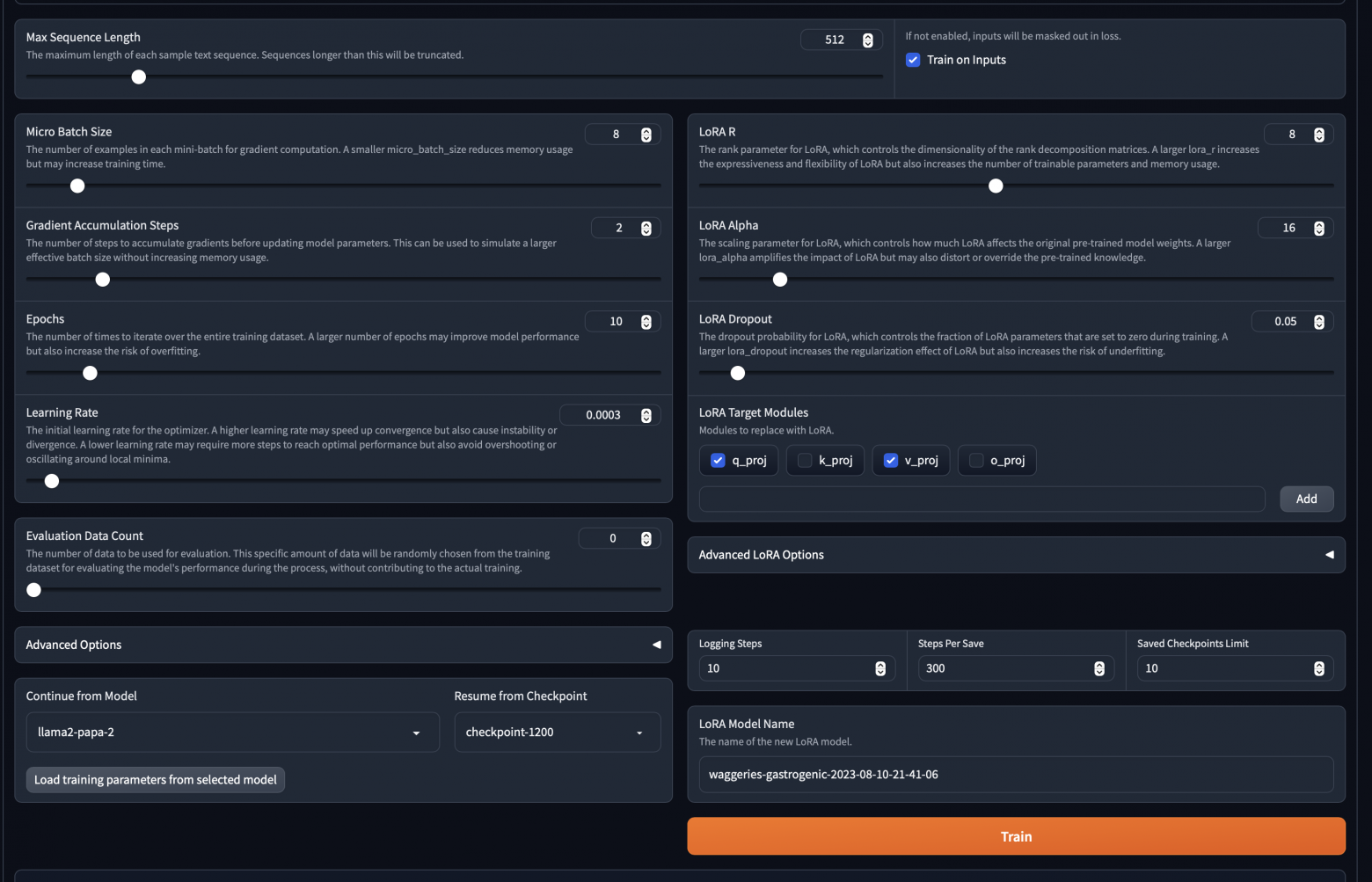 Настойки обучения Lora модуля Настойки обучения Lora модуля